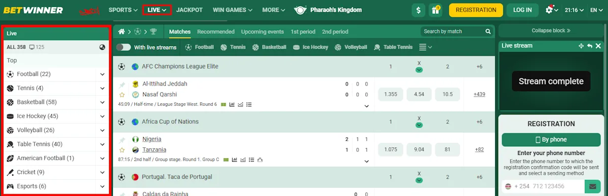 Betwinner Live Betting Screenshot